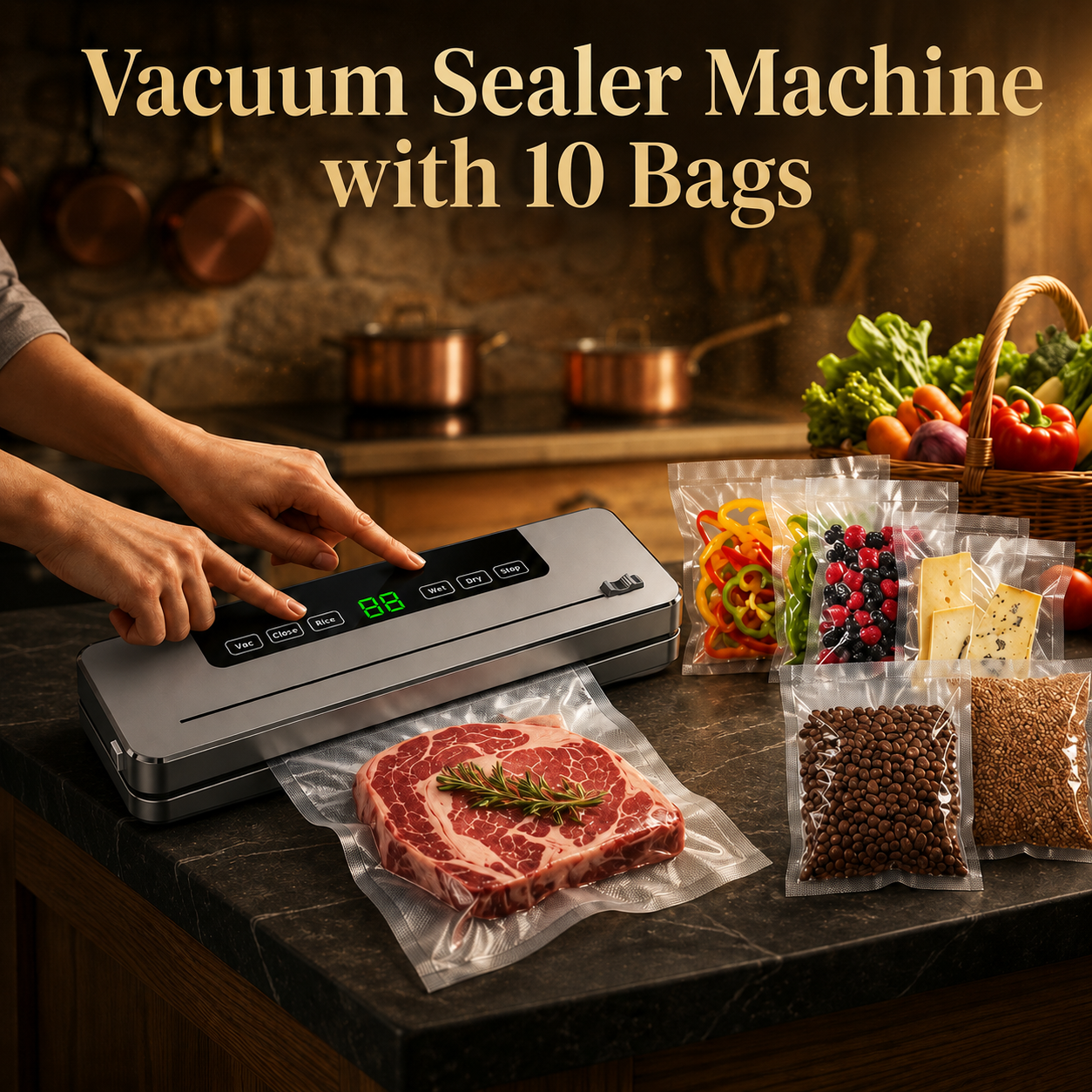 Electric Vacuum Sealer Machine for Food – Dry & Wet Modes, Built-in Cutter