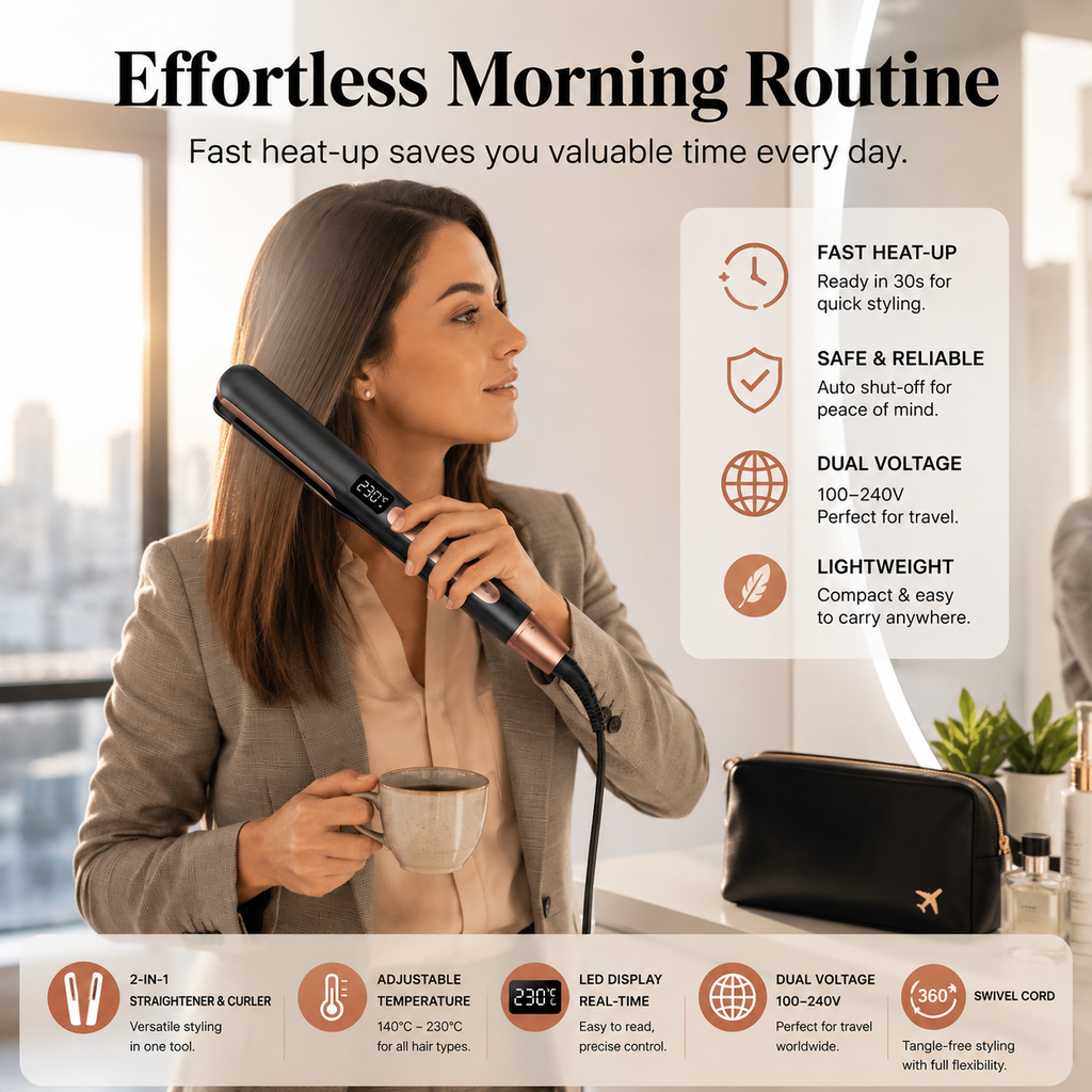 2-in-1 Hair Straightener and Curler – Ceramic hair styler with adjustable temperature for styling your hair.