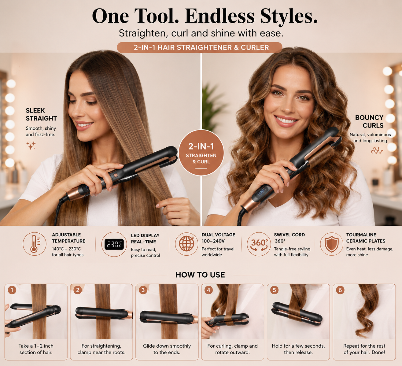 2-in-1 Hair Straightener and Curler – Ceramic hair styler with adjustable temperature for styling your hair.