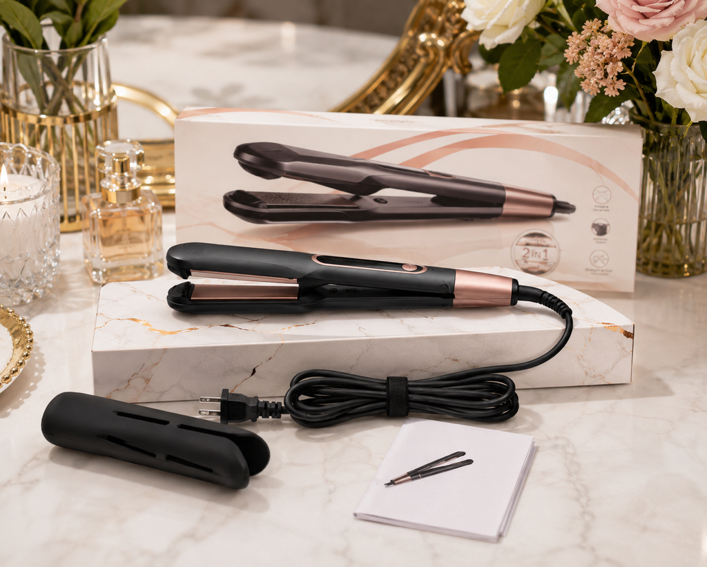 2-in-1 Hair Straightener and Curler – Ceramic hair styler with adjustable temperature for styling your hair.
