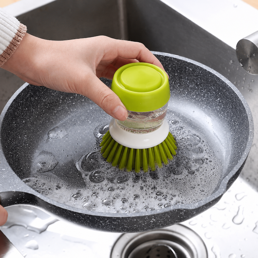 Soap Dispensing Palm Dish Brush with Drainage Base & Storage Holder