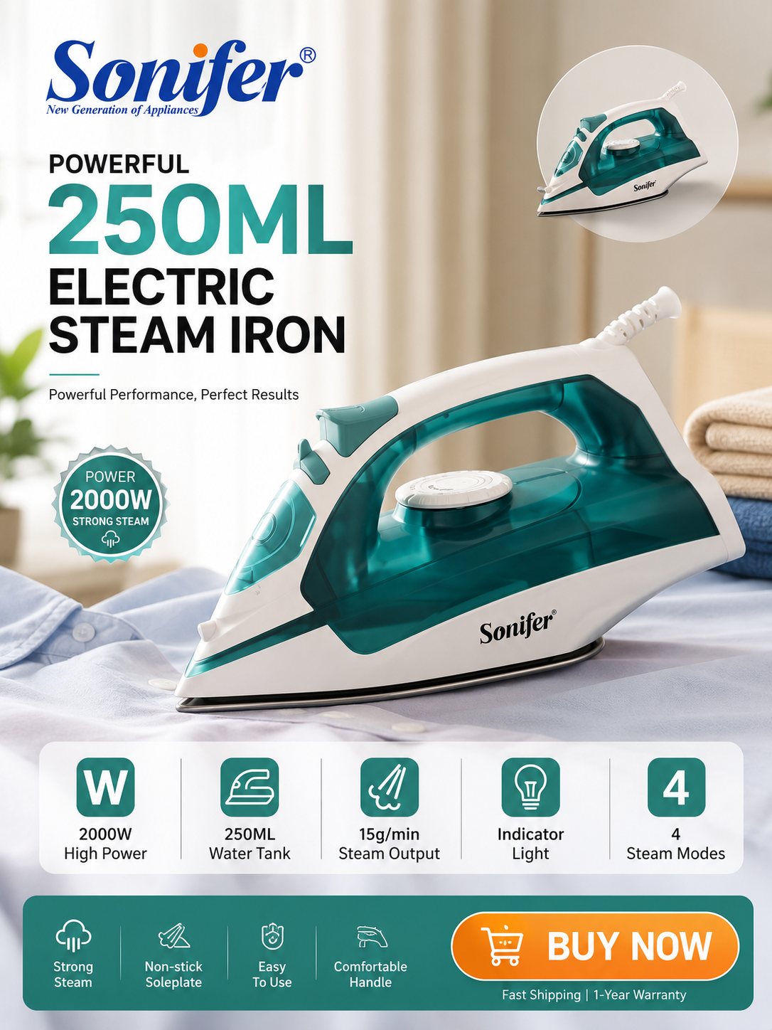 2000W Steam Iron with Ceramic Soleplate – Vertical Steam & 250ML Water Tank