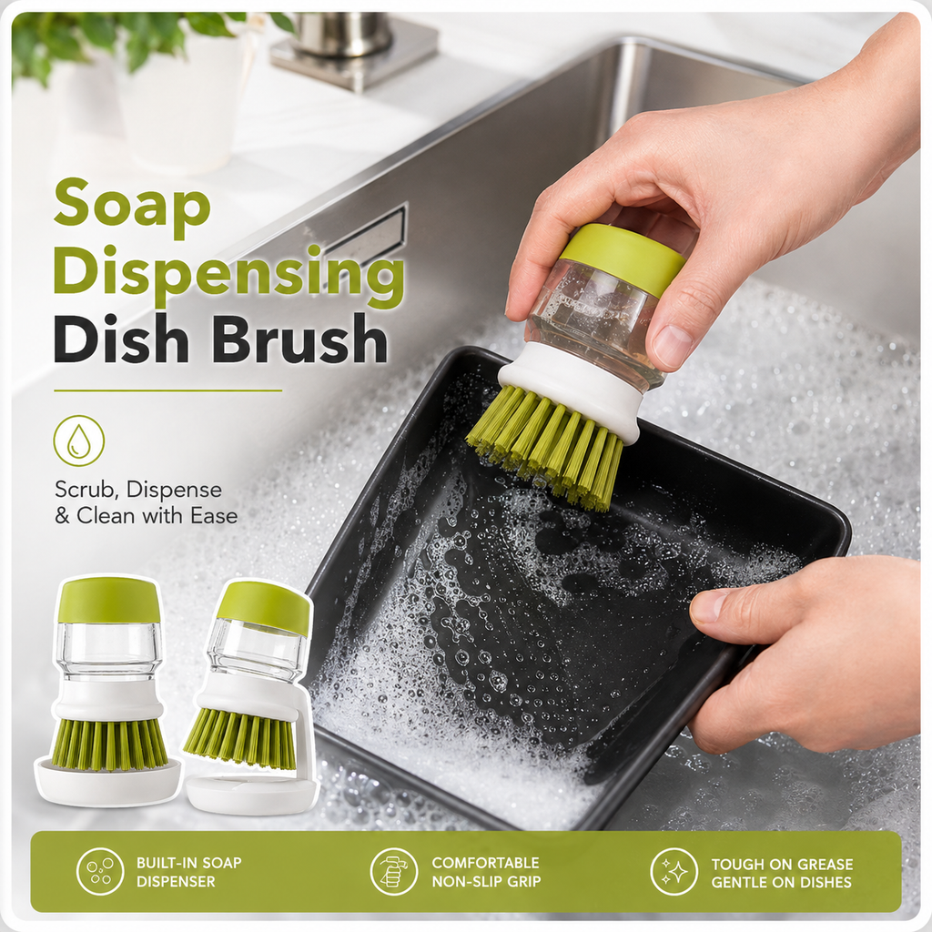 Soap Dispensing Palm Dish Brush with Drainage Base & Storage Holder