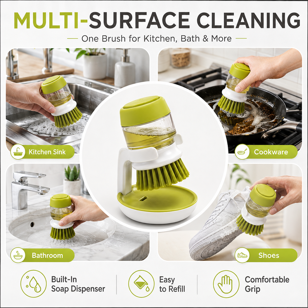 Soap Dispensing Palm Dish Brush with Drainage Base & Storage Holder