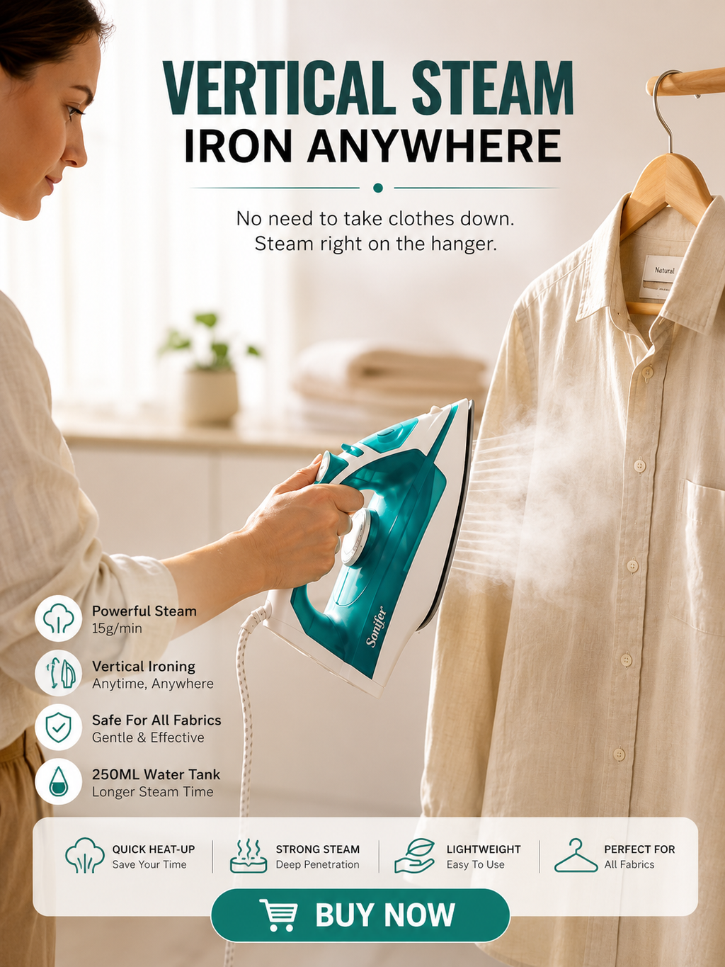2000W Steam Iron with Ceramic Soleplate – Vertical Steam & 250ML Water Tank