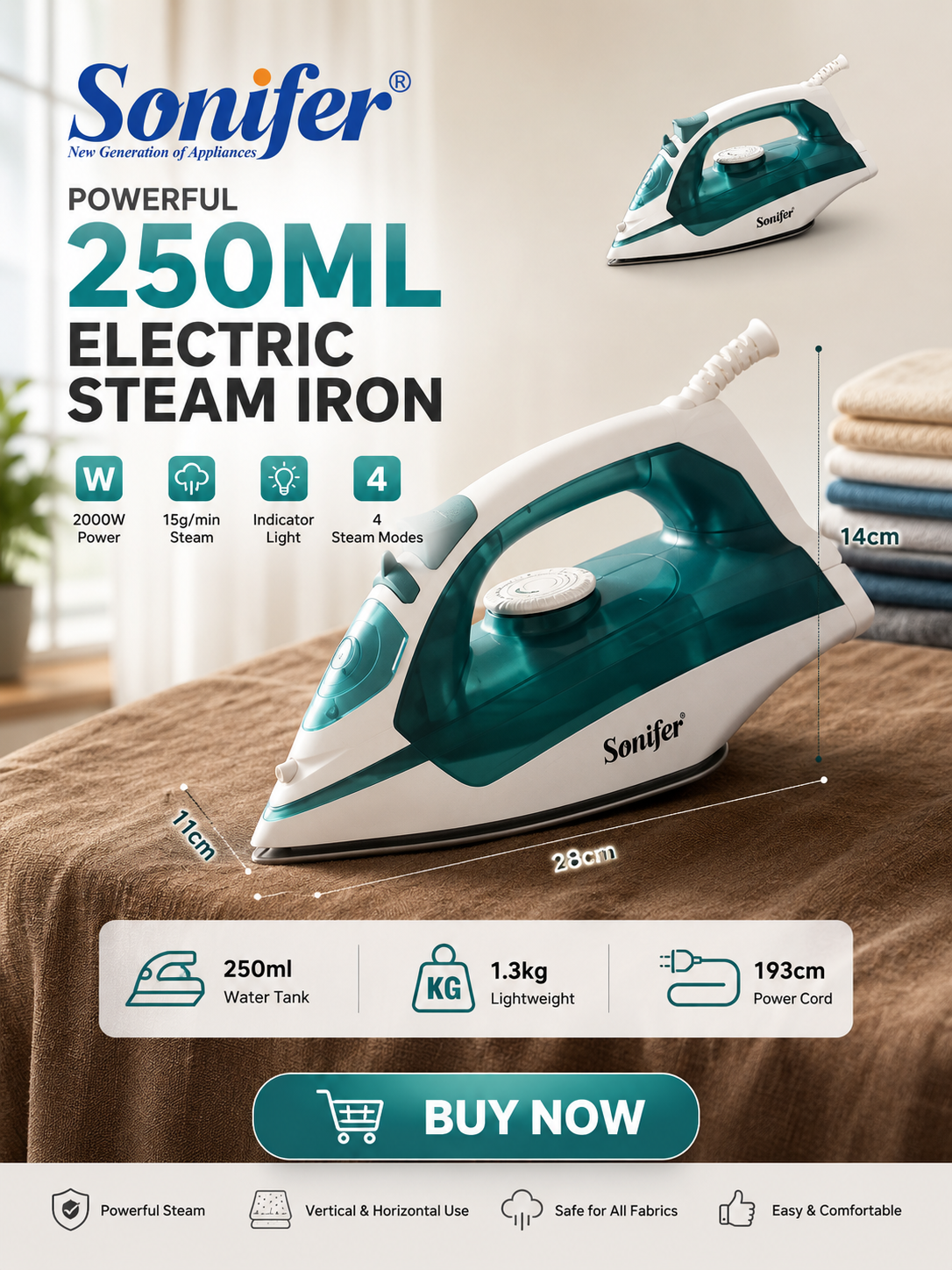 2000W Steam Iron with Ceramic Soleplate – Vertical Steam & 250ML Water Tank