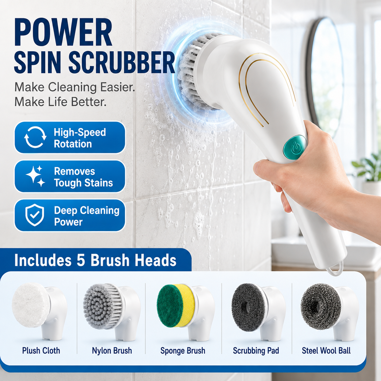 Handheld Eectric Cleaning Brush Cordless Spin Scrubbe With 5 Replaceable Brush Heads USB Rechargeable 360°Power Scrubbe