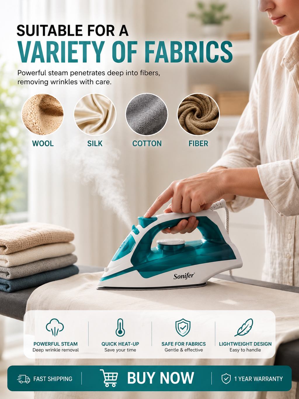 2000W Steam Iron with Ceramic Soleplate – Vertical Steam & 250ML Water Tank