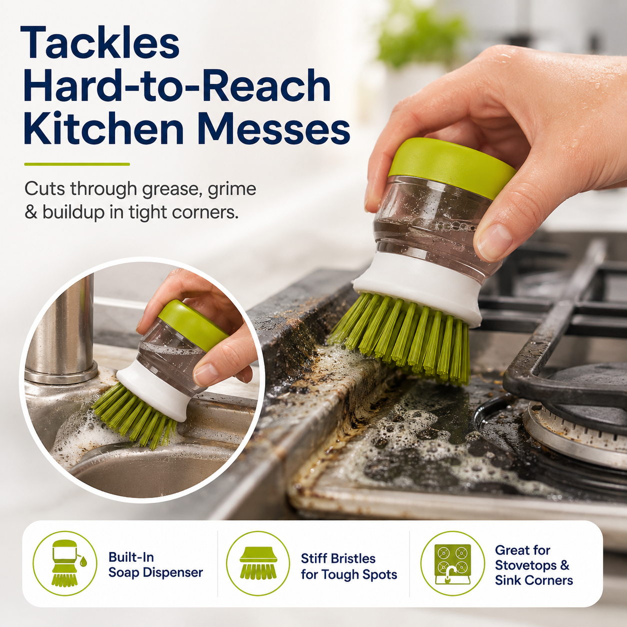Soap Dispensing Palm Dish Brush with Drainage Base & Storage Holder