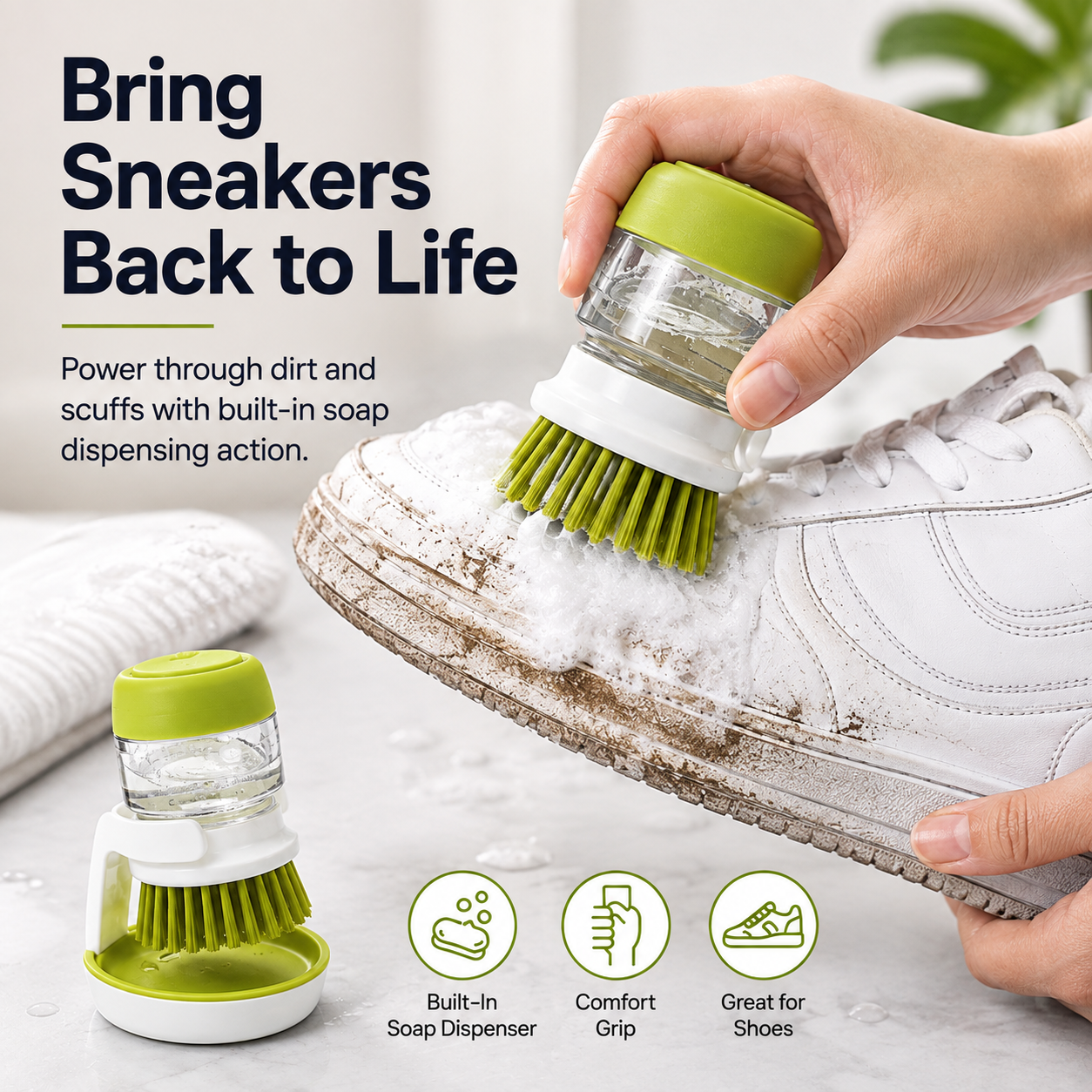 Soap Dispensing Palm Dish Brush with Drainage Base & Storage Holder