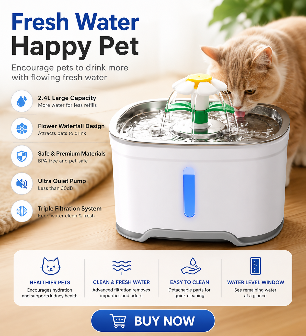 2.4L Automatic Cat Water Fountain with LED – USB Pet Drinking Fountain