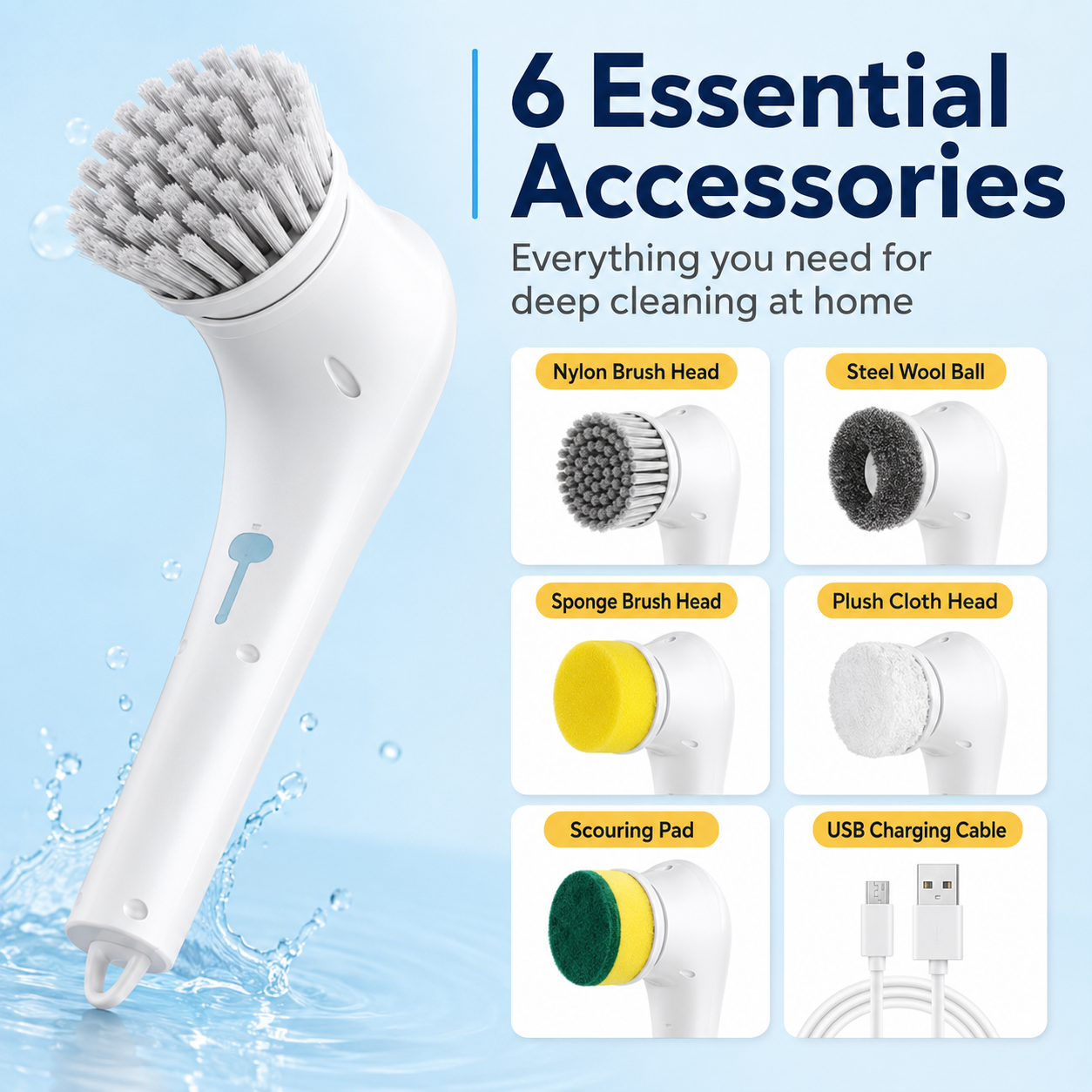 Handheld Eectric Cleaning Brush Cordless Spin Scrubbe With 5 Replaceable Brush Heads USB Rechargeable 360°Power Scrubbe
