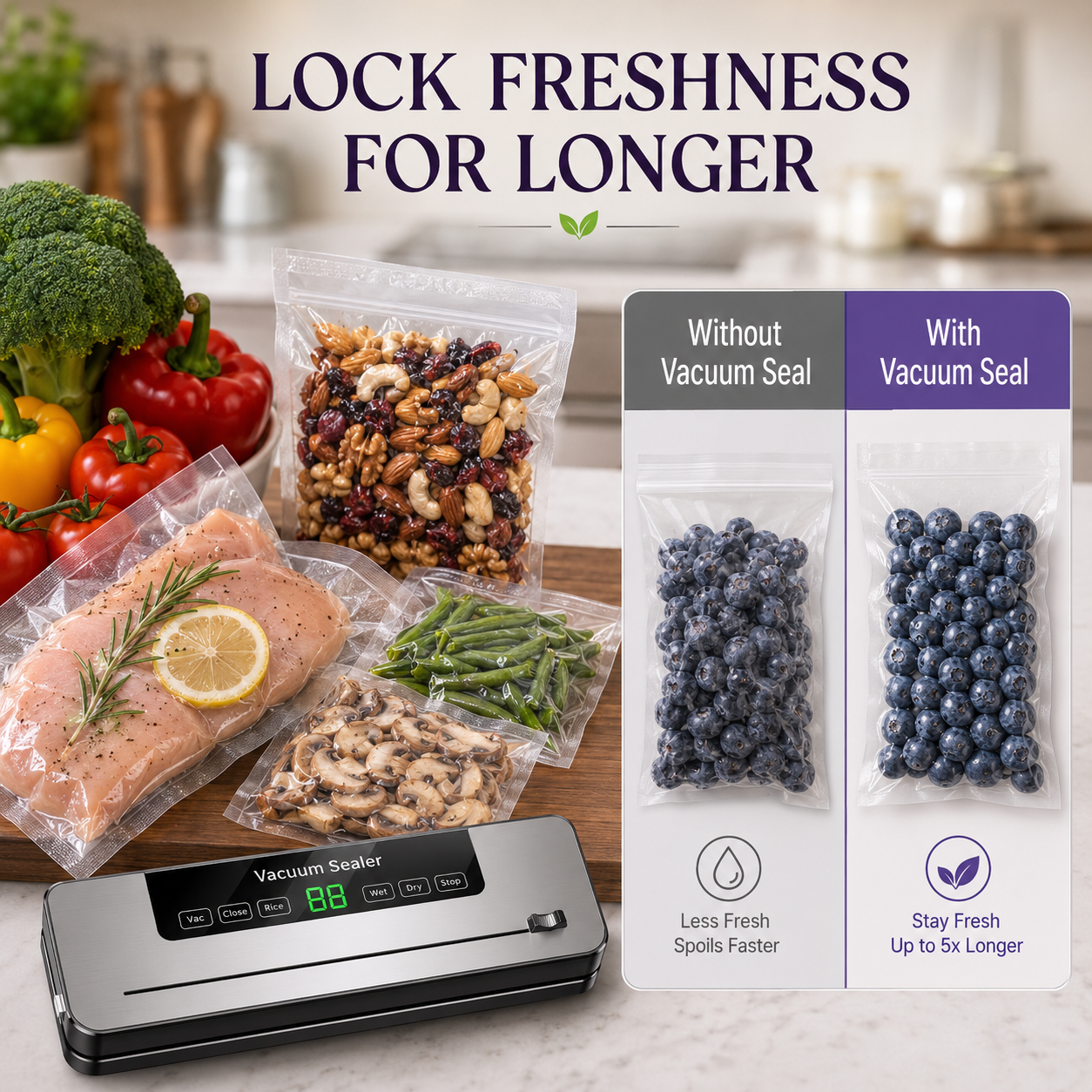 Electric Vacuum Sealer Machine for Food – Dry & Wet Modes, Built-in Cutter