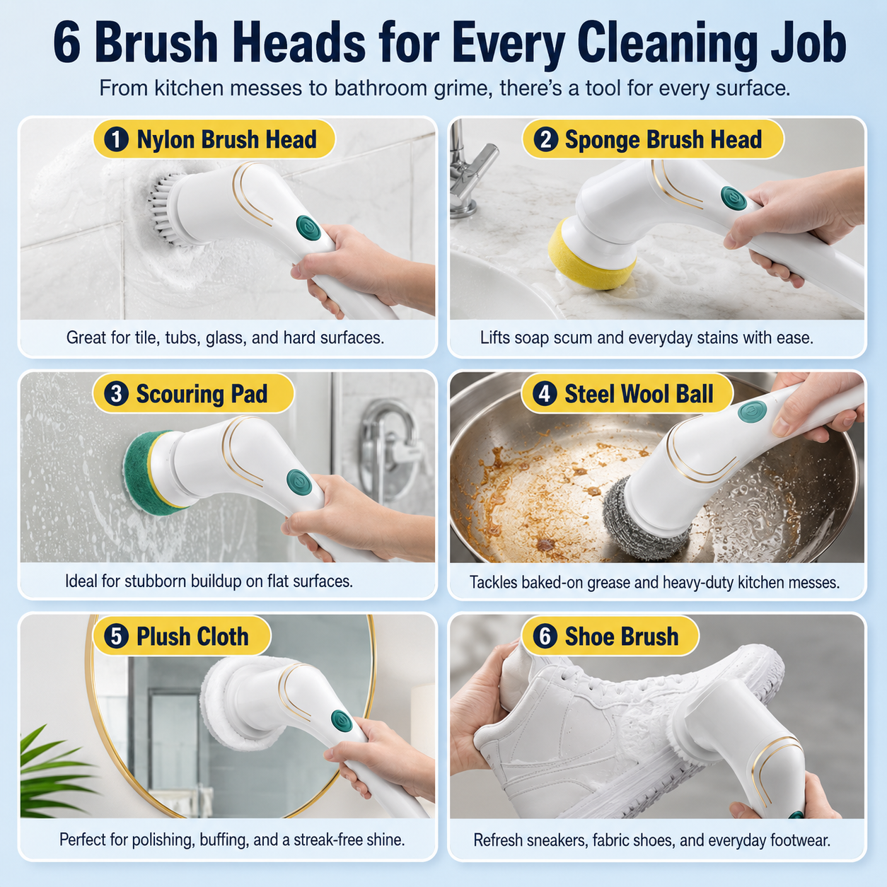 Handheld Eectric Cleaning Brush Cordless Spin Scrubbe With 5 Replaceable Brush Heads USB Rechargeable 360°Power Scrubbe