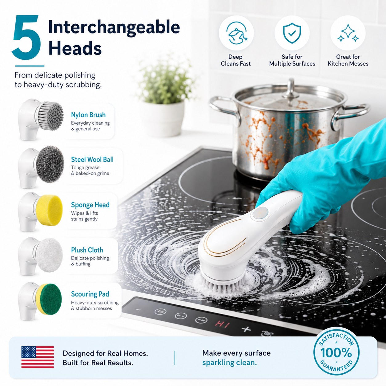 Handheld Eectric Cleaning Brush Cordless Spin Scrubbe With 5 Replaceable Brush Heads USB Rechargeable 360°Power Scrubbe