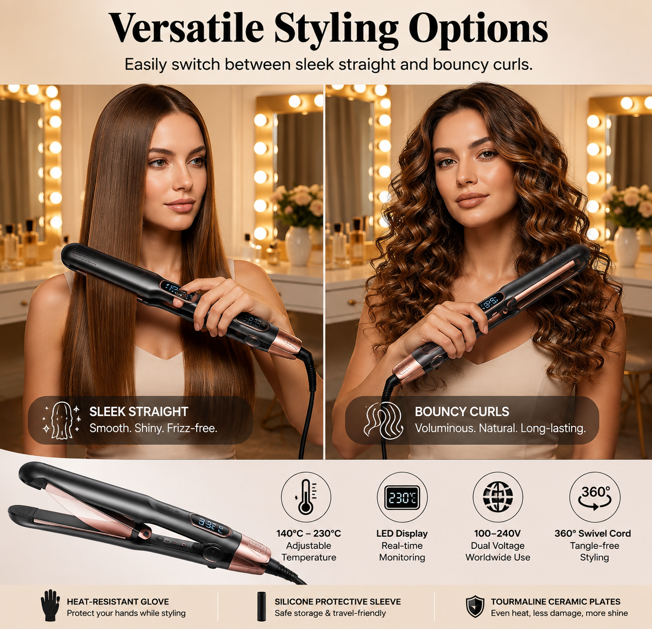 2-in-1 Hair Straightener and Curler – Ceramic hair styler with adjustable temperature for styling your hair.