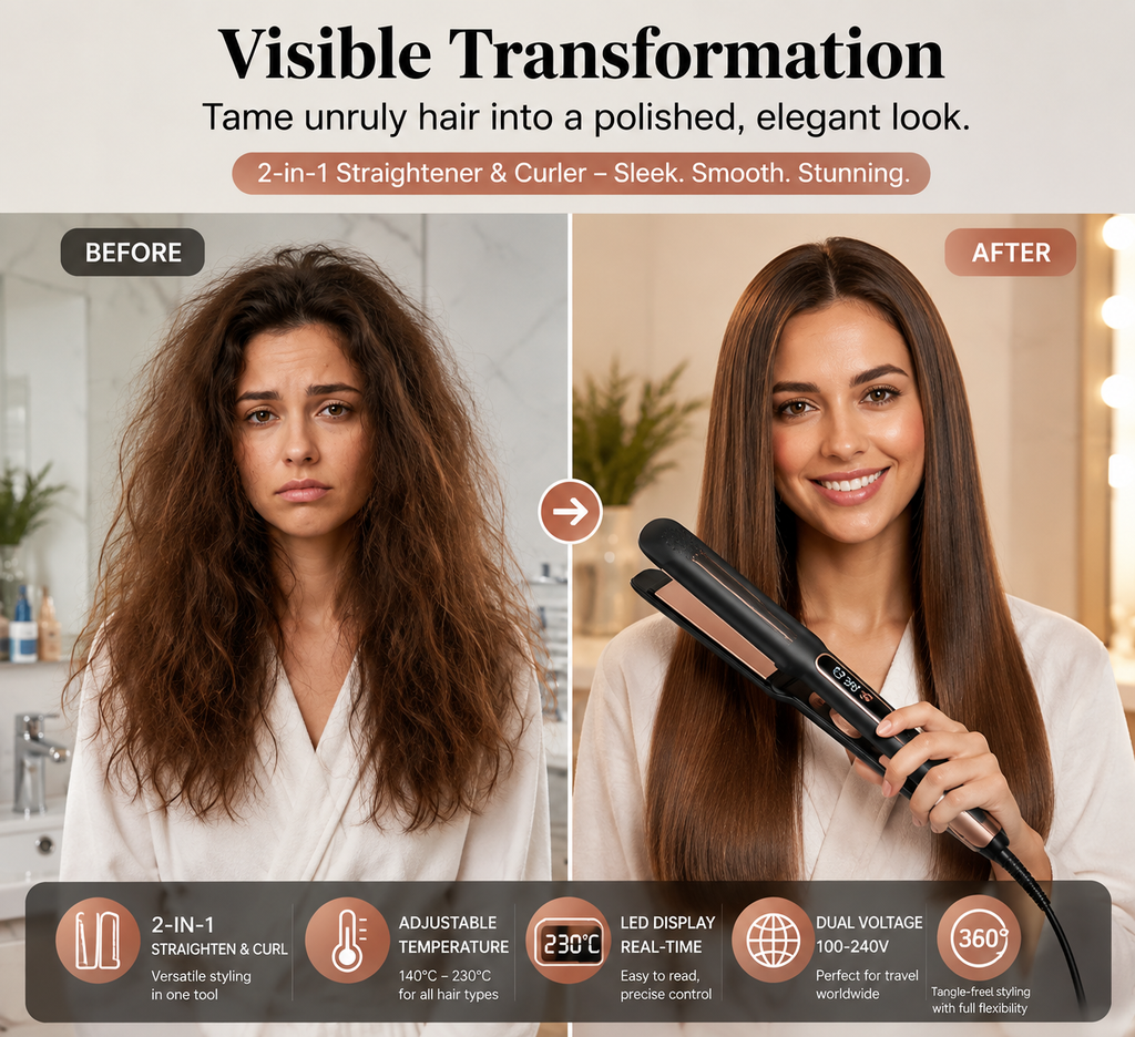 2-in-1 Hair Straightener and Curler – Ceramic hair styler with adjustable temperature for styling your hair.