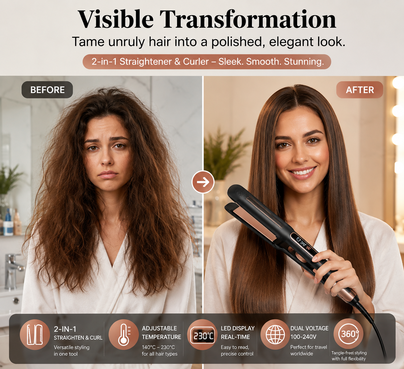 2-in-1 Hair Straightener and Curler – Ceramic hair styler with adjustable temperature for styling your hair.