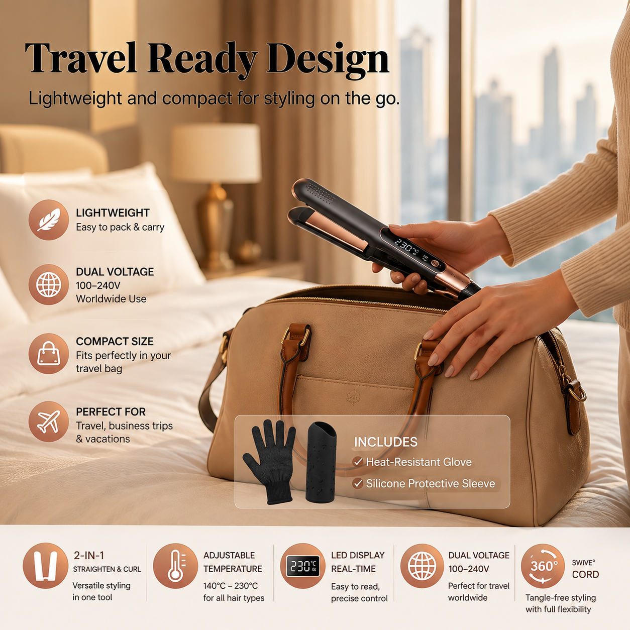 2-in-1 Hair Straightener and Curler – Ceramic hair styler with adjustable temperature for styling your hair.
