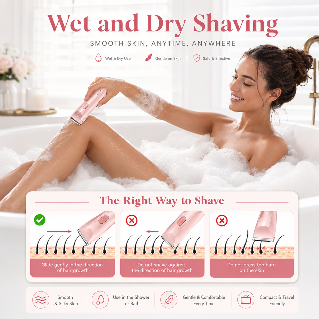 Women’s Electric Shaver 2-in-1 Dual Head Razor, IPX7 Waterproof Rechargeable Body Hair Trimmer for Legs, Underarms, Bikini Area & Face