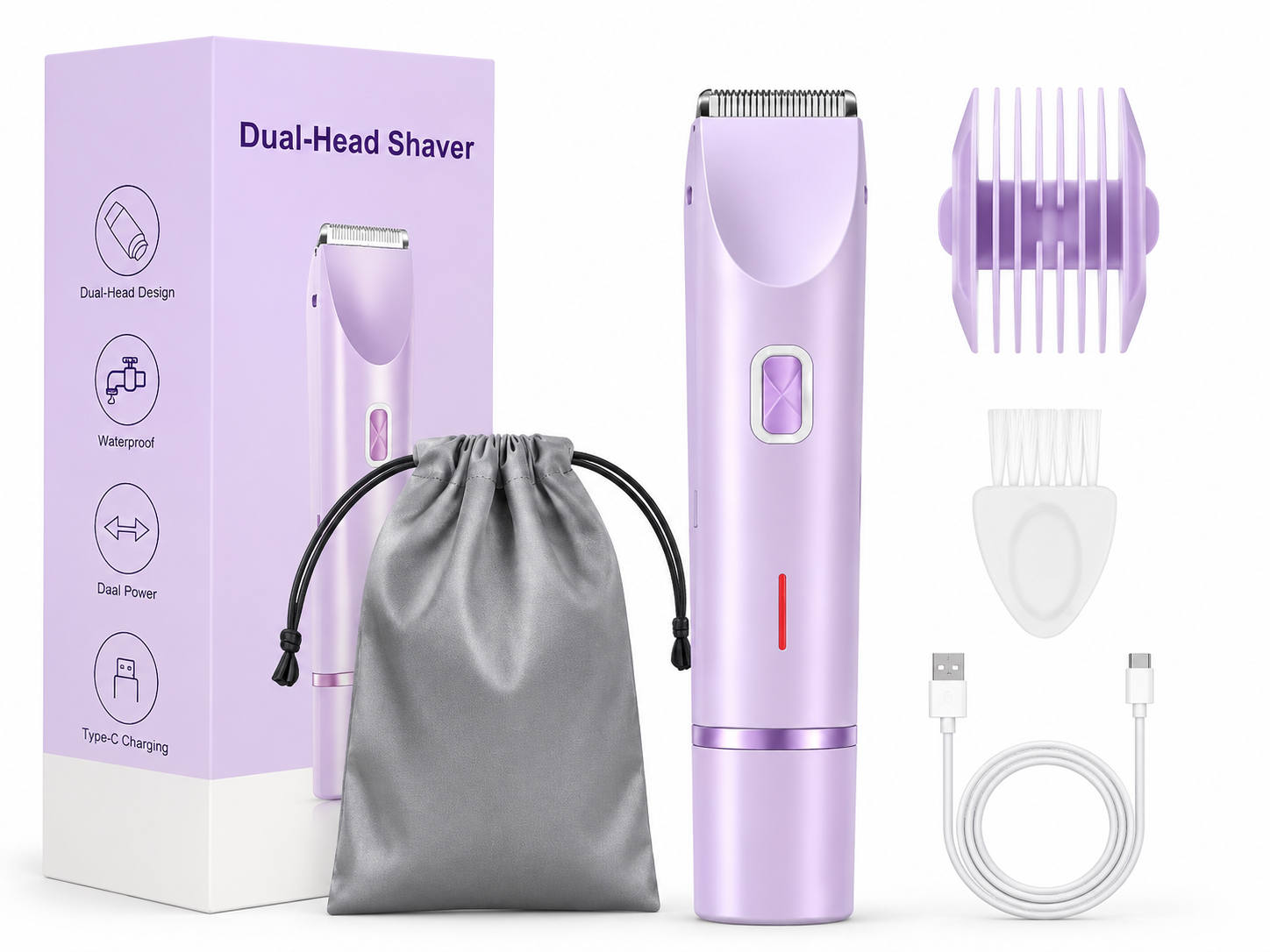 Women’s Electric Shaver 2-in-1 Dual Head Razor, IPX7 Waterproof Rechargeable Body Hair Trimmer for Legs, Underarms, Bikini Area & Face