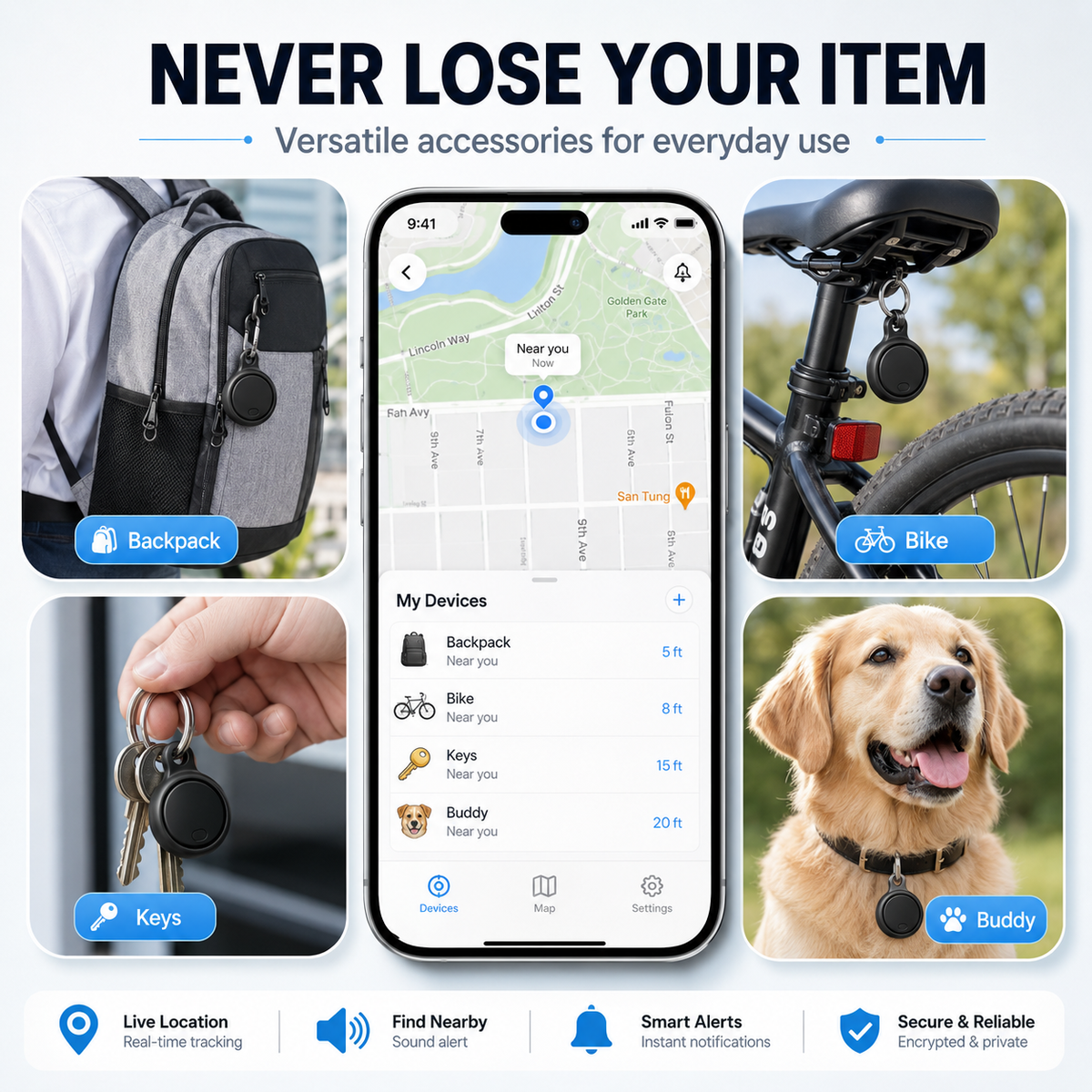 Bluetooth Pet Tracker for Dogs & Cats, Smart Anti-Lost Locator Tag with Sound Alert, Lightweight Collar Tracking Device for Pets, Keys, Bags & Luggage