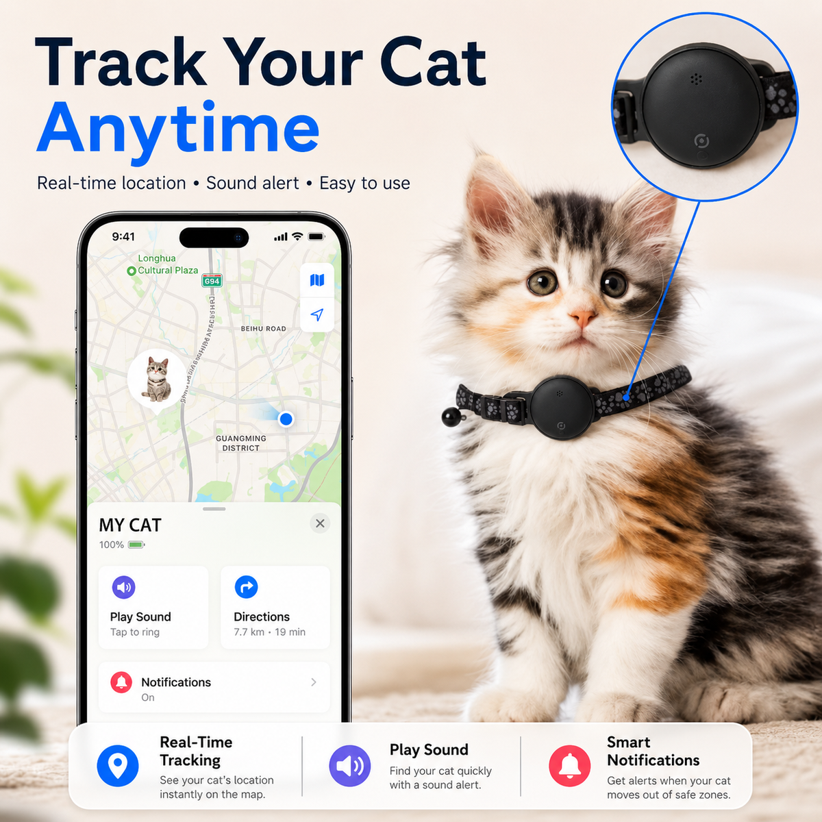 Bluetooth Pet Tracker for Dogs & Cats, Smart Anti-Lost Locator Tag with Sound Alert, Lightweight Collar Tracking Device for Pets, Keys, Bags & Luggage