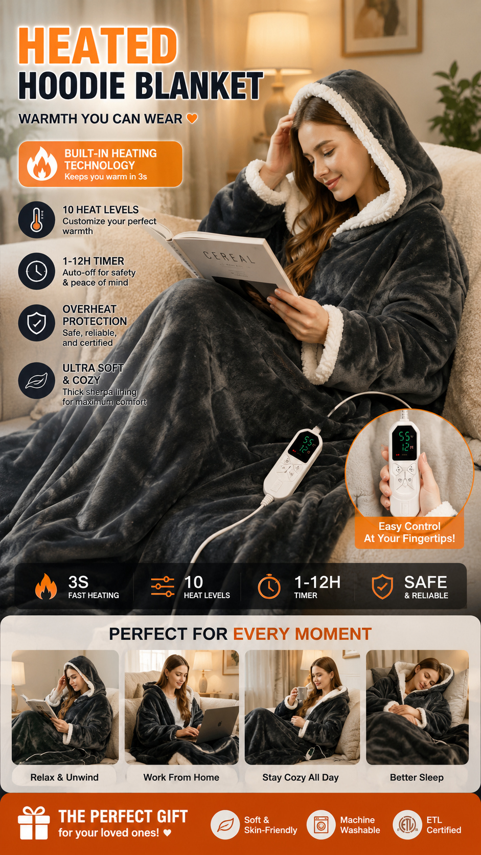 Wearable Electric Heating Sleeve Blanket Flannel & Sherpa, Electric Blankets 6 Heat Settings, 10-hour Time Auto-Off Function